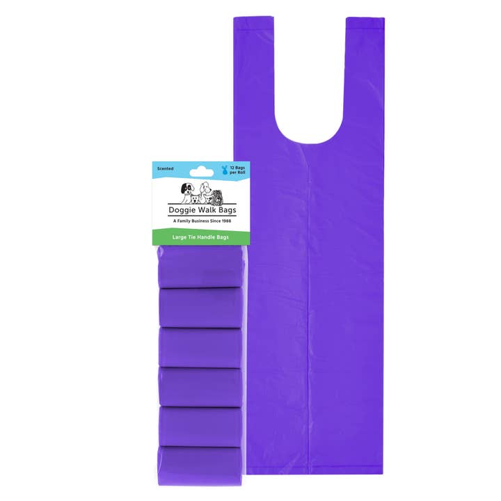 Doggie Walk Bags - Wholesale Pet Poop Bag - 6 Roll Purple Tie Handle Dog Poop Bags, 72 Count