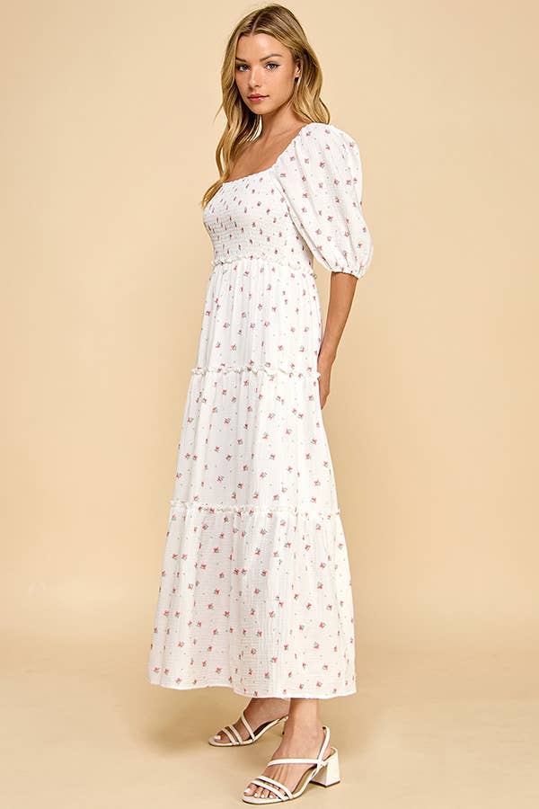 Million Colors - Vendita all'ingrosso Vestito - Donna - Abito Midi a Balze con Maniche a Sbuffo e Motivo Floreale Rosso Off-White di Hattie4