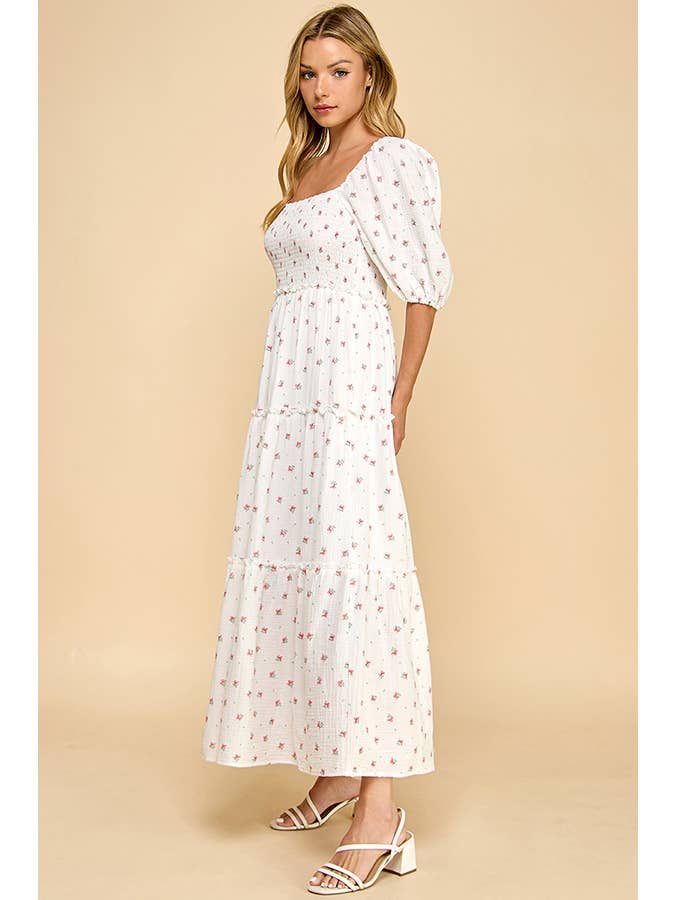 Million Colors - Vendita all'ingrosso Vestito - Donna - Abito Midi a Balze con Maniche a Sbuffo e Motivo Floreale Rosso Off-White di Hattie4