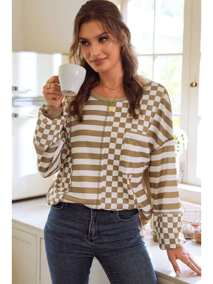 1 the Woman - Wholesale Blouse - Women's - Checkerboard Patchwork Lantern Sleeve Pocketed Blouse |S-4X