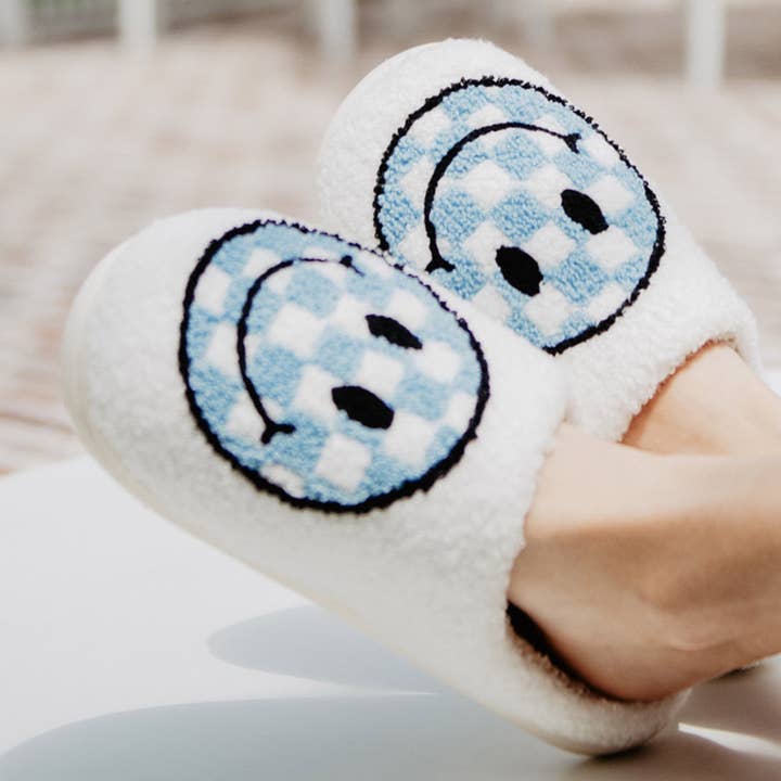 White Light Blue Checkered Pattern Happy Face Slippers for wholesale on Faire