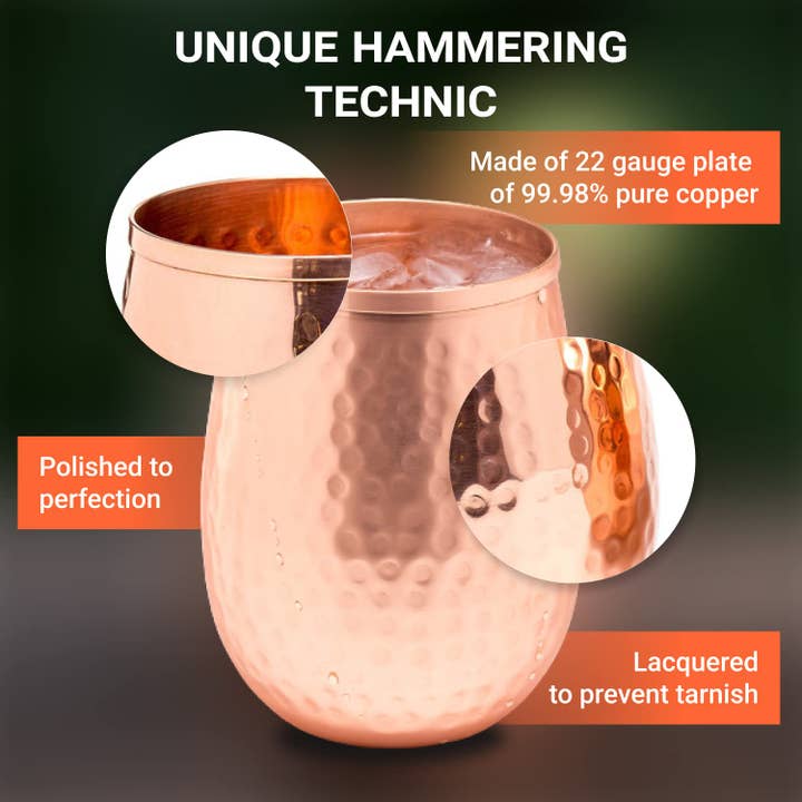 Anuna Enterprises LLC - Wholesale Wine Glass - Copper Wine Glasses Set of 4 | 17oz 100% Solid Hammered