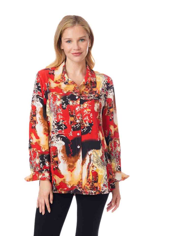 Tianello TENCEL™ Print "Princess Masumi" Print "Loving" Blouse-RED for wholesale by Tianello
