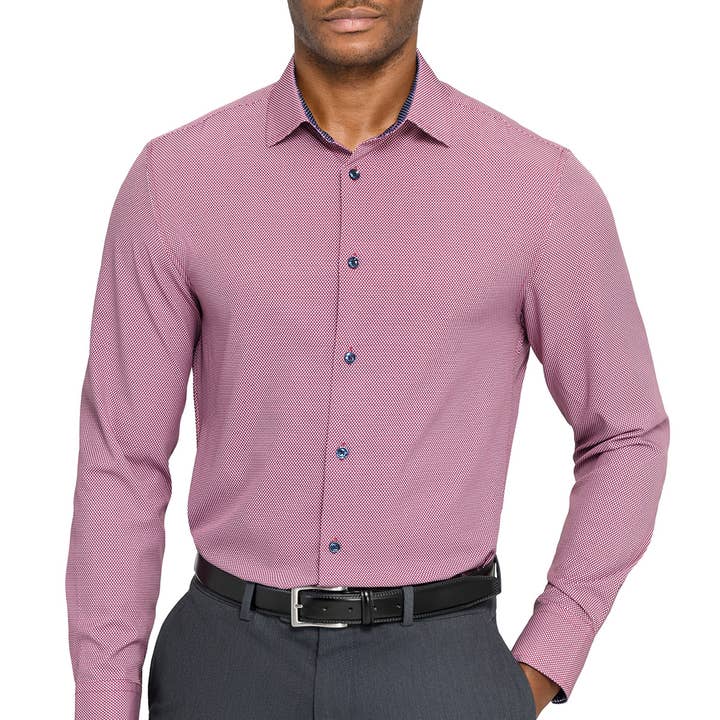 Red Plaid 4-Way Stretch Recycled Dress Shirt for wholesale by CON.STRUCT