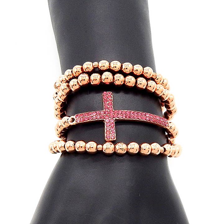 Diacly - Wholesale Beaded bracelet - Rhinestone Cross Stretch Casting Beads Bracelet Pink