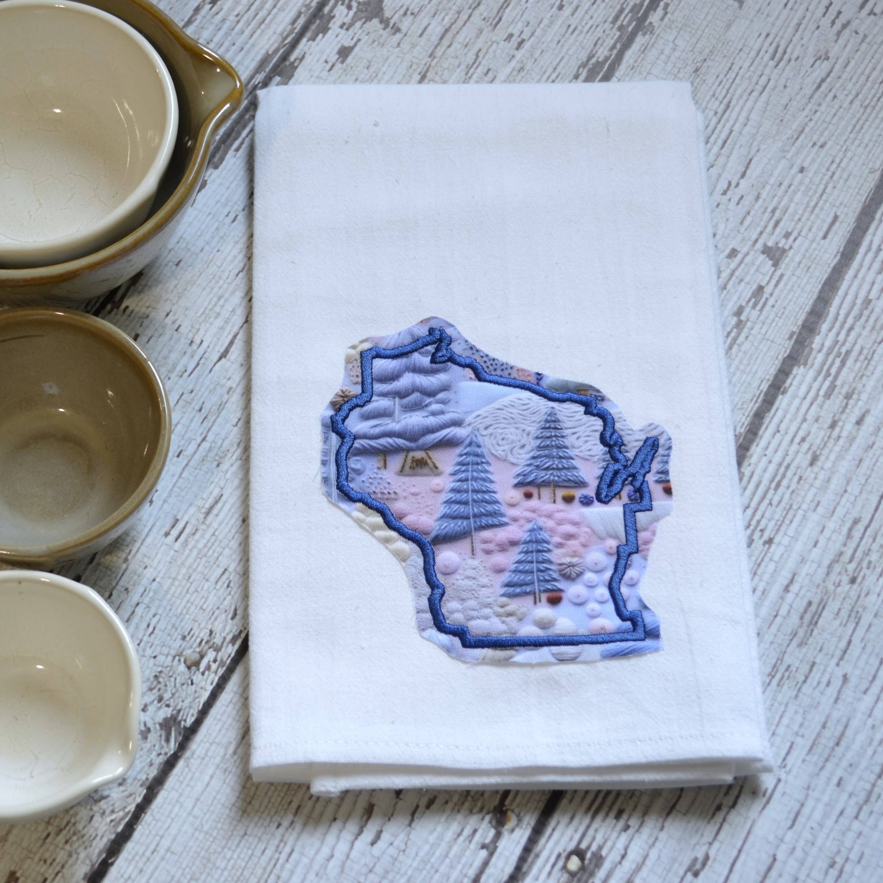 SewMuchMoreStore - Wholesale Tea Towel - LIMITED Winter Trees State Towel Embroidered-Raggy edge2