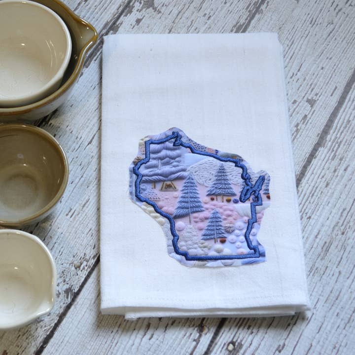 SewMuchMoreStore - Wholesale Tea Towel - LIMITED Winter Trees State Towel Embroidered-Raggy edge2