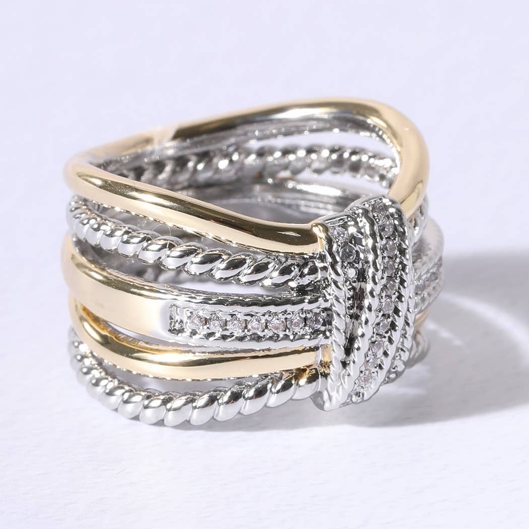 K Bague Crossover à larges pierres argentées et dorées CZ en vente sur Faire