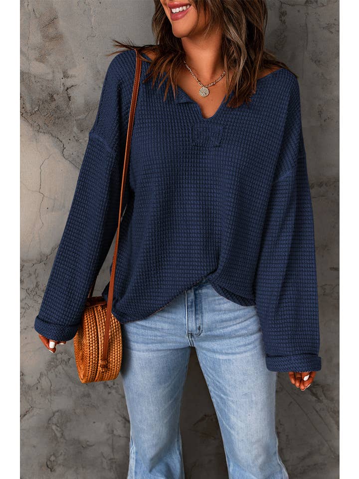 1 the Woman - Wholesale Knit Top - Women's - Waffle Knit Loose Long Sleeve Top - 6 Colors