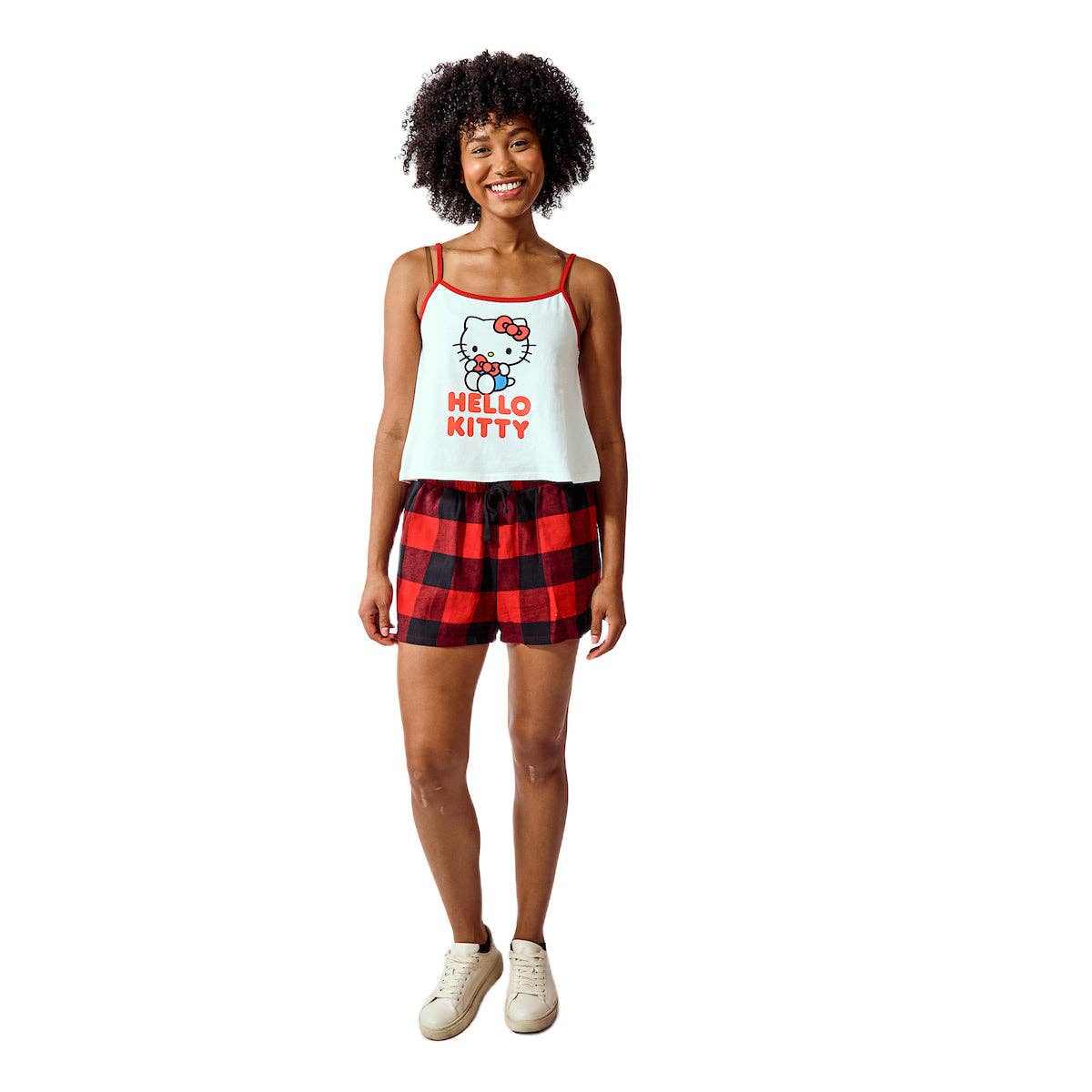 Bioworld Merchandising - Wholesale Sleepwear Set - Women's - Hello Kitty Women's 2-pack White A-Line Cami & Red Buffalo Plaid Woven Lounge Shorts Sleep Set0