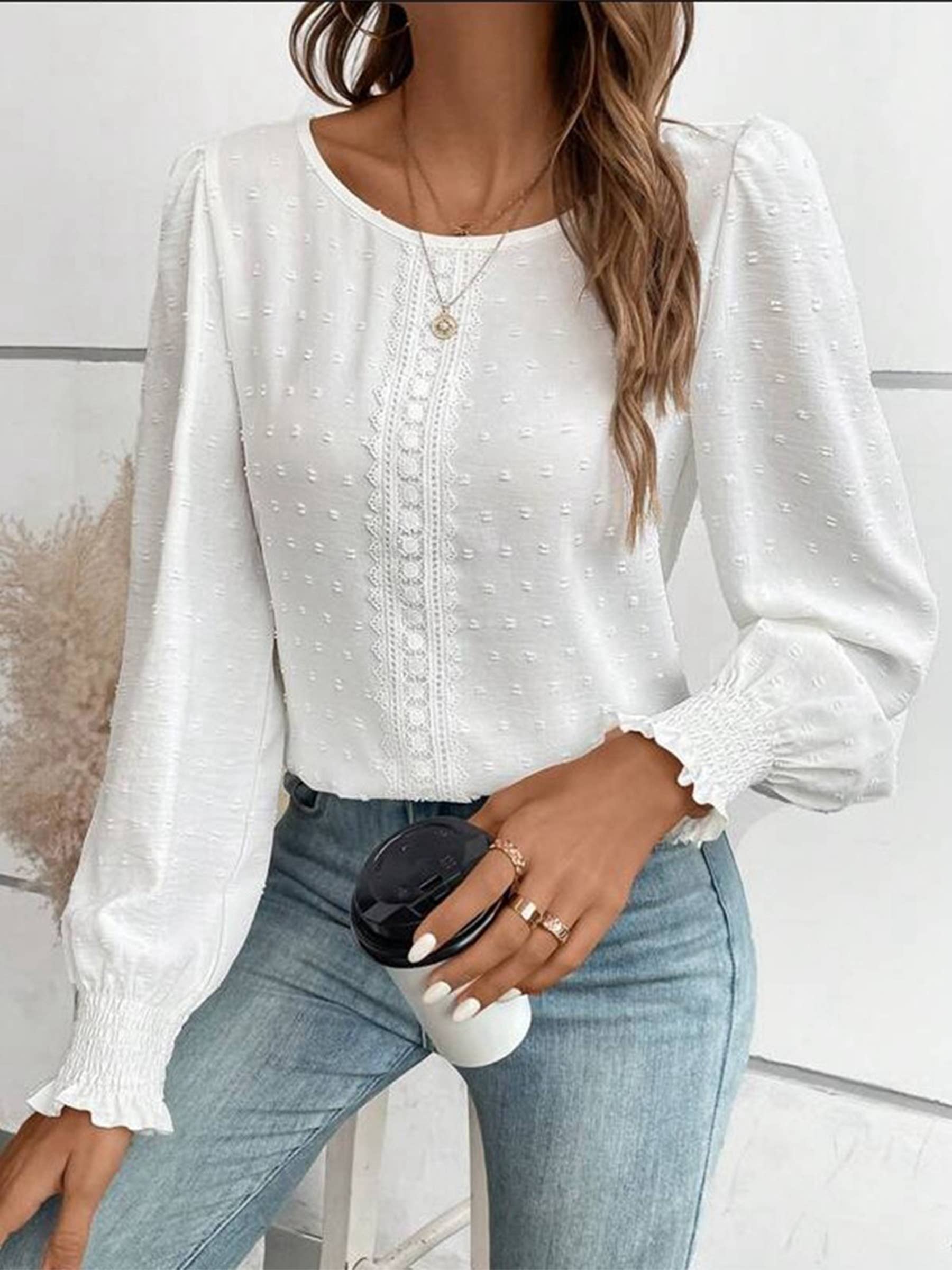 Wholesalesir - Wholesale Blouse - Women's - Round Neck Lace Solid Color Shirt3