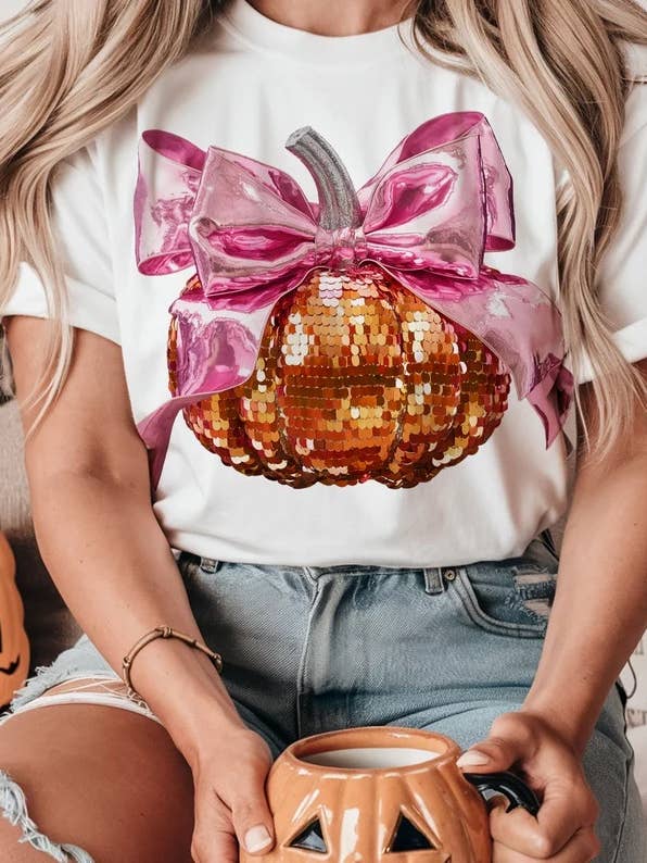 Faux Sequin Pumpkin Short Sleeve Tee for wholesale by Front Porch Boutique