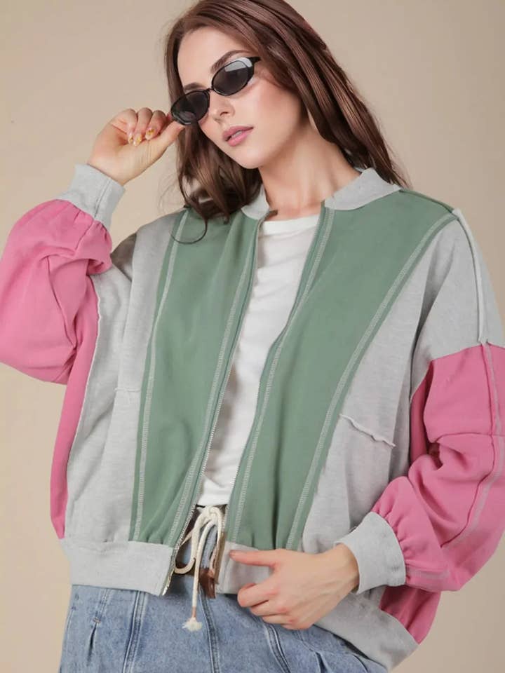 Giacca Bomber a Blocchi di Colore con Zip Frontale e Tasche Laterali a Bordi Grezzi per la vendita all'ingrosso da parte di Tasha Apparel Wholesale