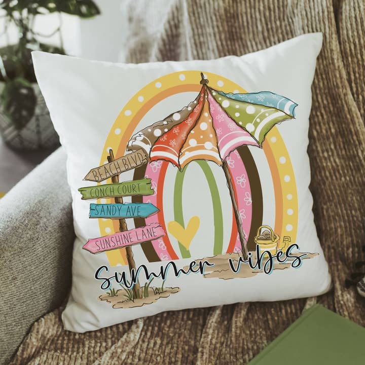 Housse de coussin arc-en-ciel Summer Vibes pour la vente par Capable By Design