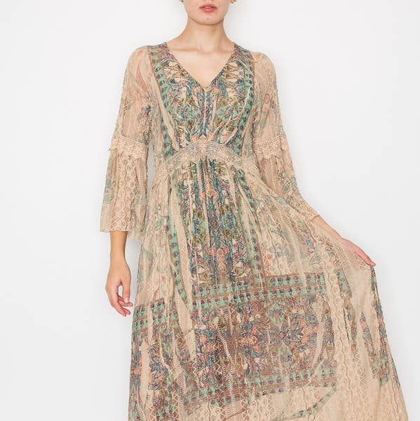 Romantic Lace Bell-Sleeved A-Line Midi Dress-4658 TP/TURQ for wholesale by Origami Apparel ~ Lace and Crochet inspired