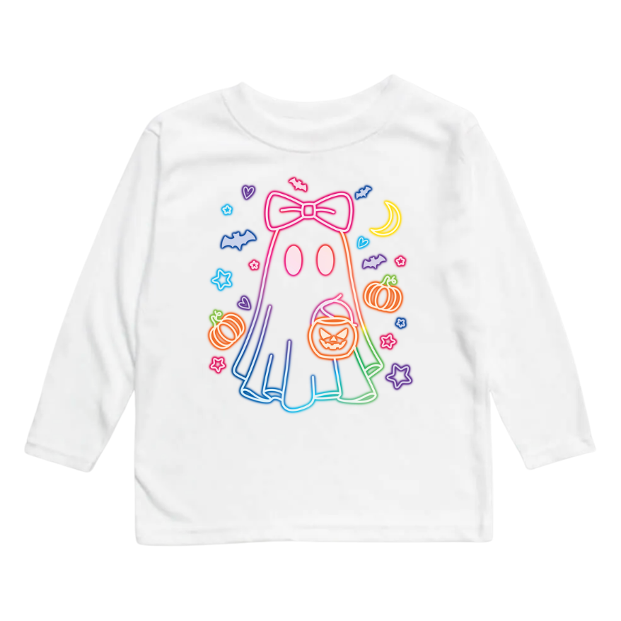 AvaryMaeInspirations – Großhandel T-Shirt mit Siebdruck – Kinder – Neon-Geistermädchen Halloween T-Shirt, Kürbisse2