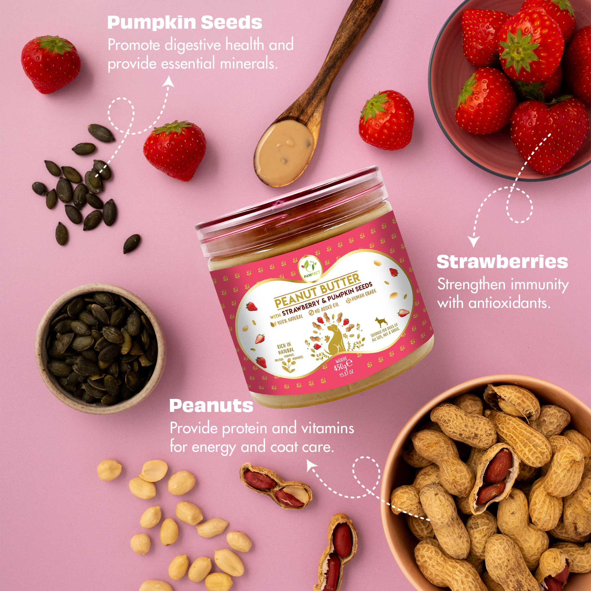 Pawfect Foods - Wholesale Pet Treats - Dog - Pawfect Peanut Butter with Strawberry & Pumpkin Seeds for Dogs & Puppies | 100% Natural| No Added Sugar, Salt, Palm Oil | No Sweeteners, No Xylitol | Healthy Dog Treat3