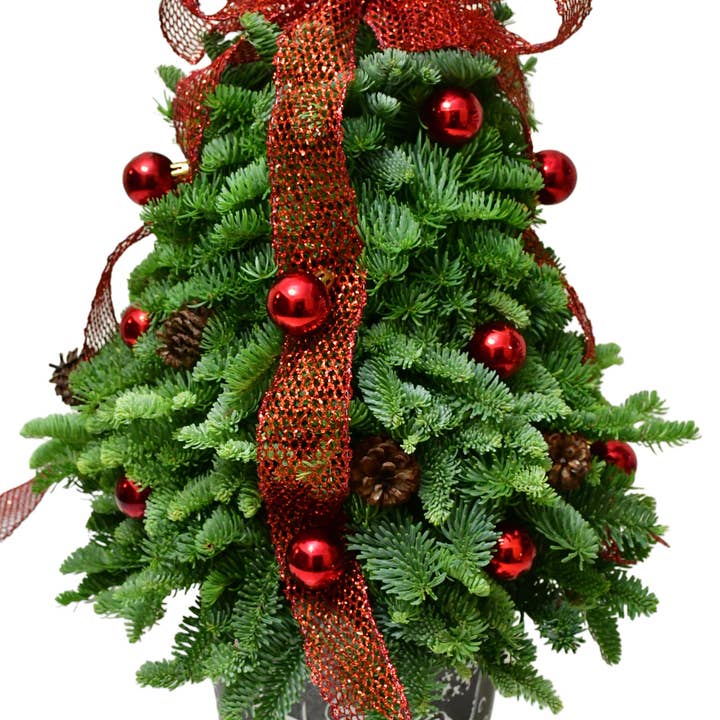 Red little pinecone tree handcrafted for wholesale by Champion Greens Forest farm