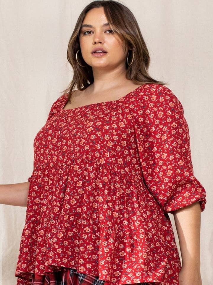Plus Size Tiny Floral Printed Square Neckline Top for wholesale by CC Wholesale Clothing