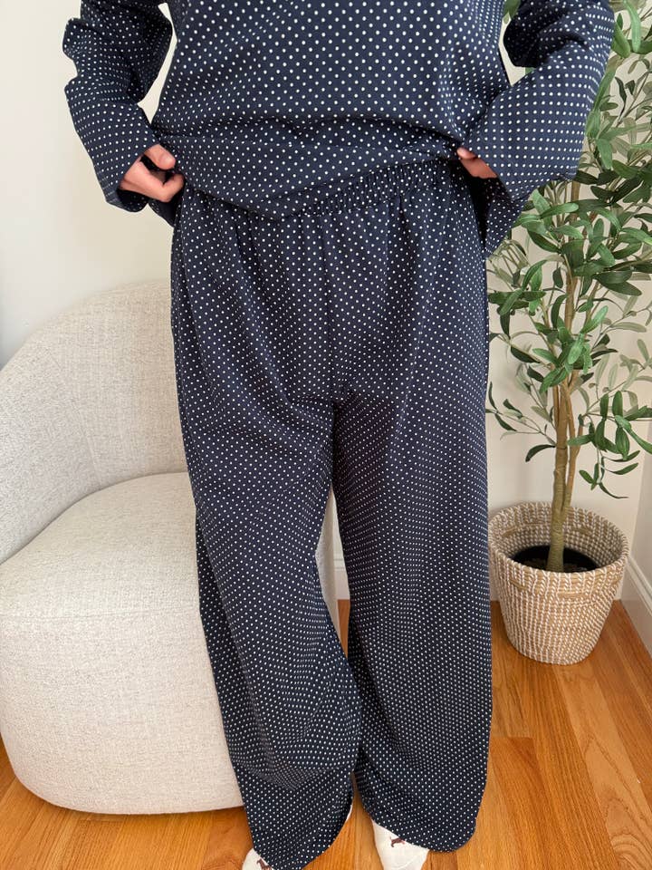 Navy Blue Polka Dot Loungewear Pants for wholesale by Sunkissed Coconut