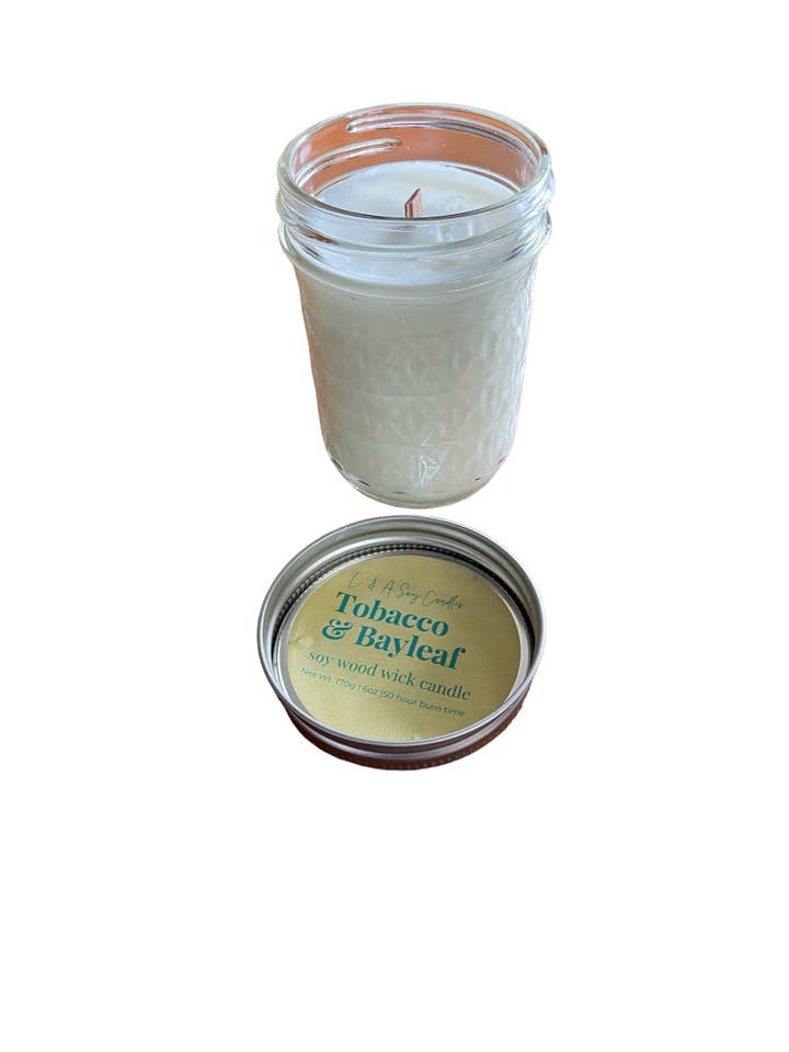 Tobacco & Bayleaf Vegan, Soy & Wood-Wick Candle - 6 Oz for wholesale by C & A Soy Candles, LLC