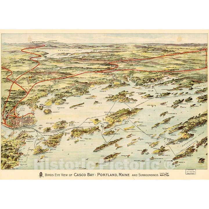 1906 Birds Eye View Map Of Casco Bay, Portland, Maine for wholesale by Historic Pictoric