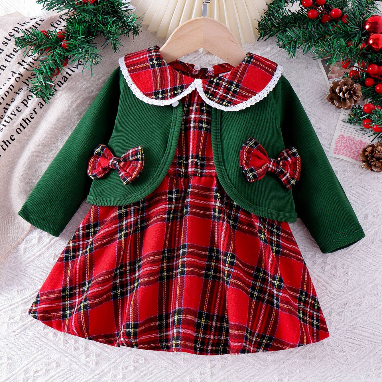 Fennco Styles – wholesale Dress set – Baby – Red Green Tartan Plaid Holiday Baby Dress and Cardigan1