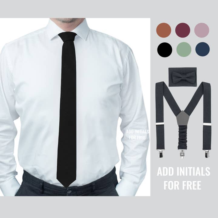 Schwarze Herren-Krawatte für Hochzeit mit passenden Hosenträgern für den Großhandel von DucksnFoxes