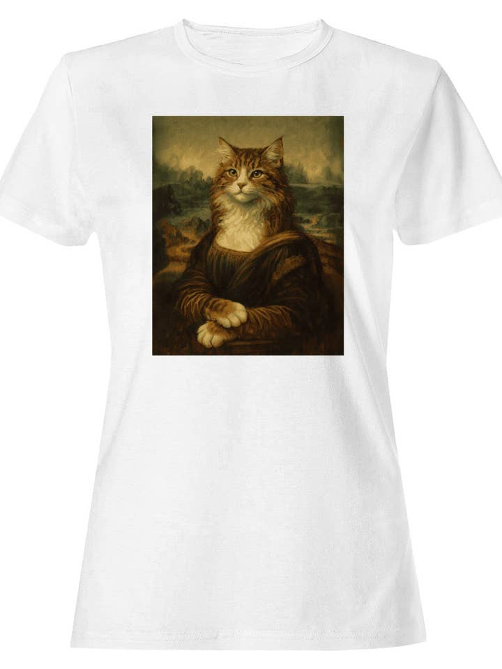 Mona-Lisa-Katzenparodie Damen-T-Shirt Weiß für den Großhandel von TShirtGuys.com