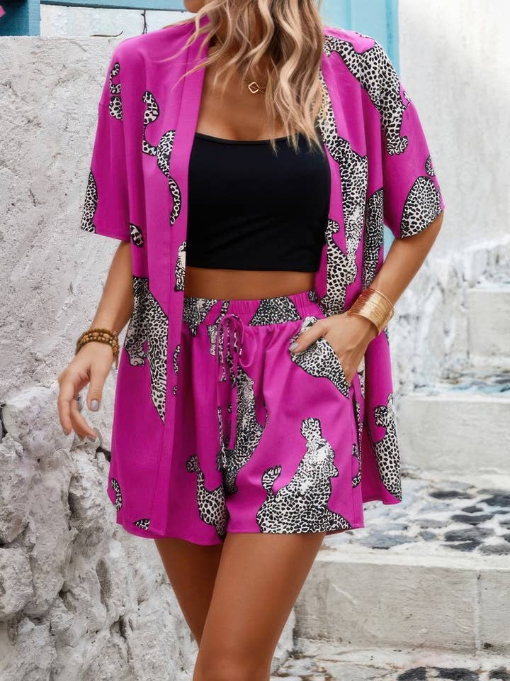 Two Piece Leopard Print Drop Shoulder Pockets Set for wholesale by CC Wholesale Clothing