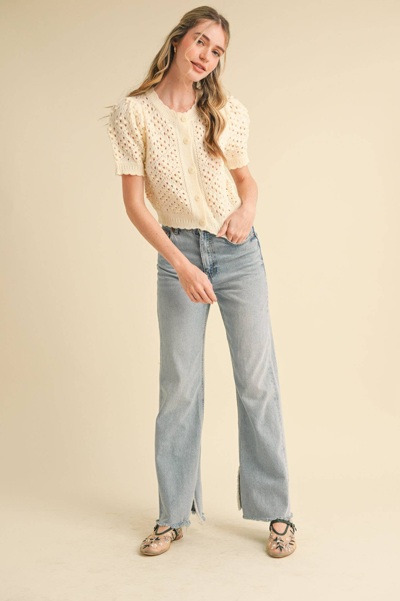 &MERCI - Wholesale Cardigan - Women's - CROPPED POINTELLE BUTTON DOWN SWEATER CARDIGAN MSW108572