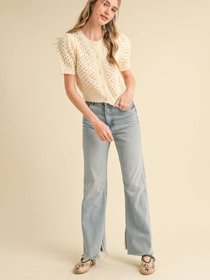 &MERCI - Wholesale Cardigan - Women's - CROPPED POINTELLE BUTTON DOWN SWEATER CARDIGAN MSW108572