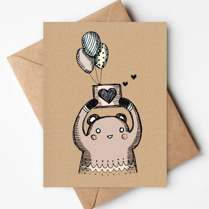 Balloon Love Bear Eco-friendly Card - Birthday, Celebration for wholesale by Jenna's Doodles