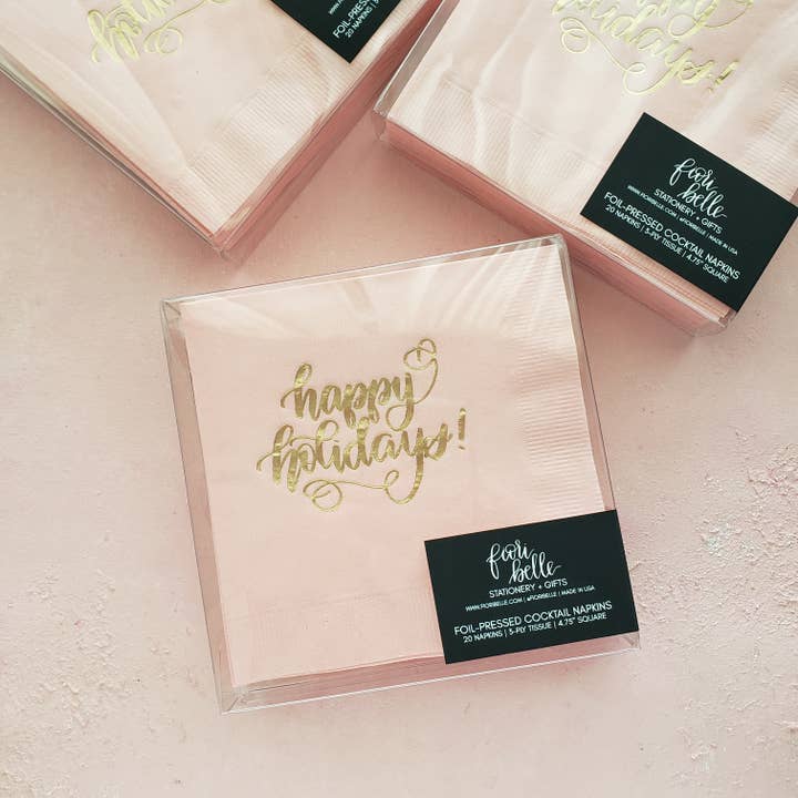 FioriBelle - Wholesale Disposable Napkin - Gold Foil Pink Christmas Napkins - Happy Holidays Napkin