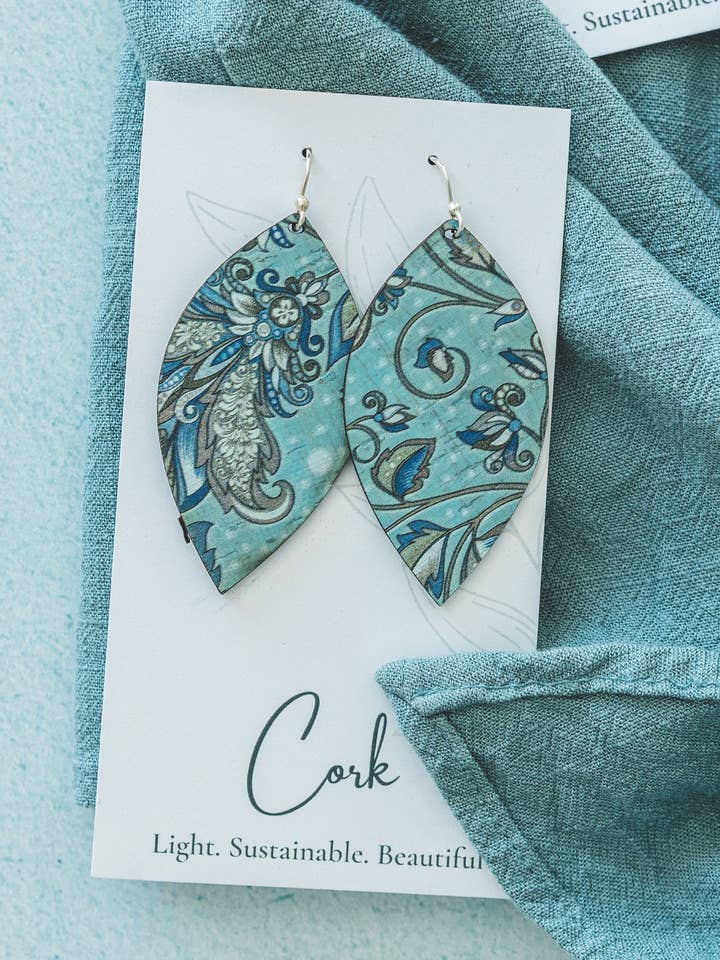 Olive and Teal Floral Cork Earrings -Large Leaf for wholesale by Hello Lovely Cork Co.
