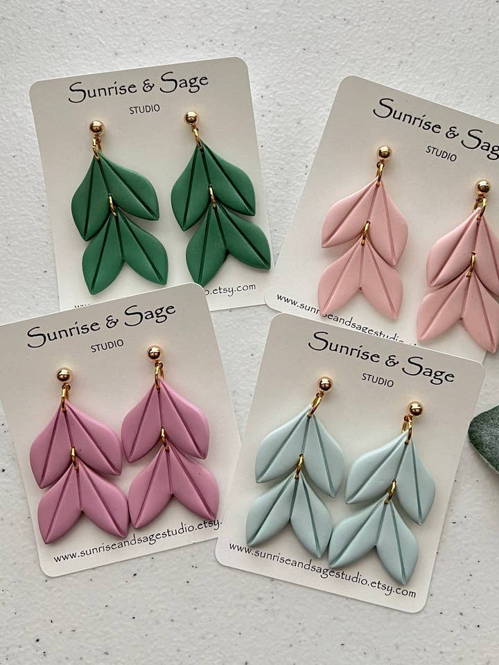 Spring Floral Leaf Clay Dangle Earrings for wholesale by Sunrise and Sage Studio