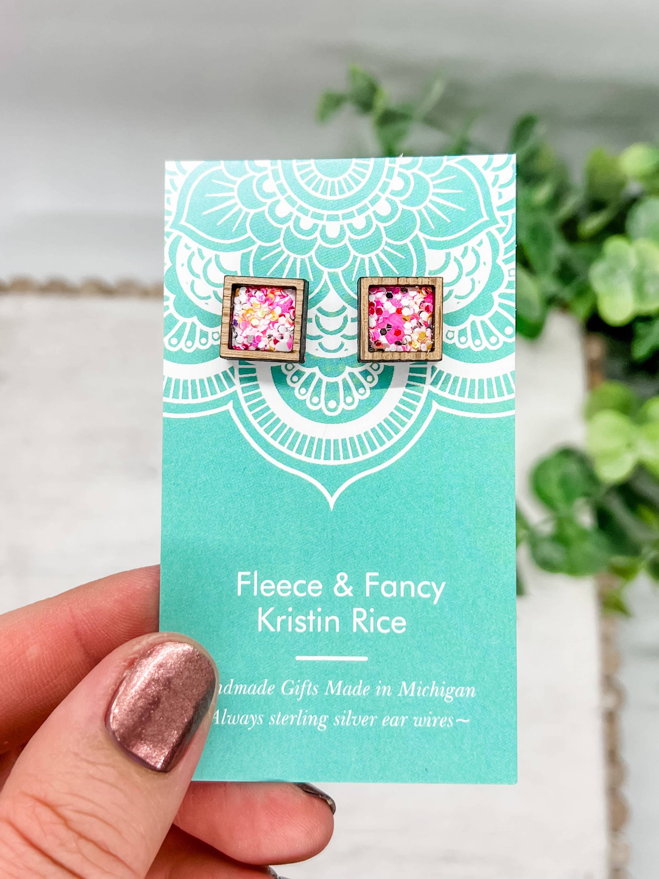 Fleece & Fancy - Wholesale Stud/Post Earrings - Laser Cut Cotton Candy Pink Glitter Stud Earrings2