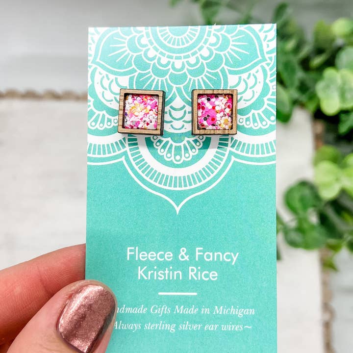 Fleece & Fancy - Wholesale Stud/Post Earrings - Laser Cut Cotton Candy Pink Glitter Stud Earrings2