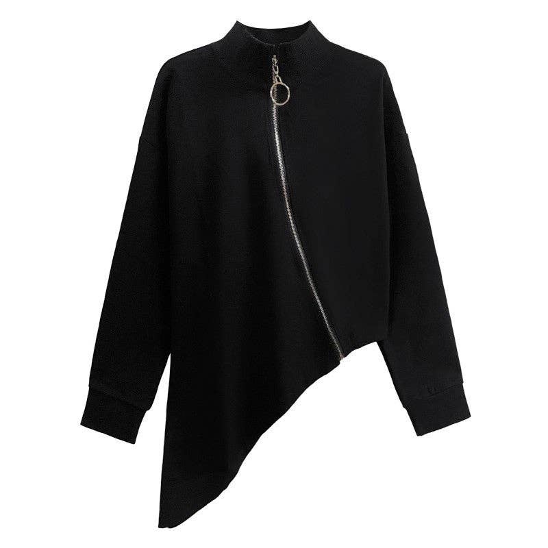 SCHWARZ Unifarbener High-Neck-Reißverschluss Unregelmäßiges T-Shirt-Top für den Großhandel auf Faire7