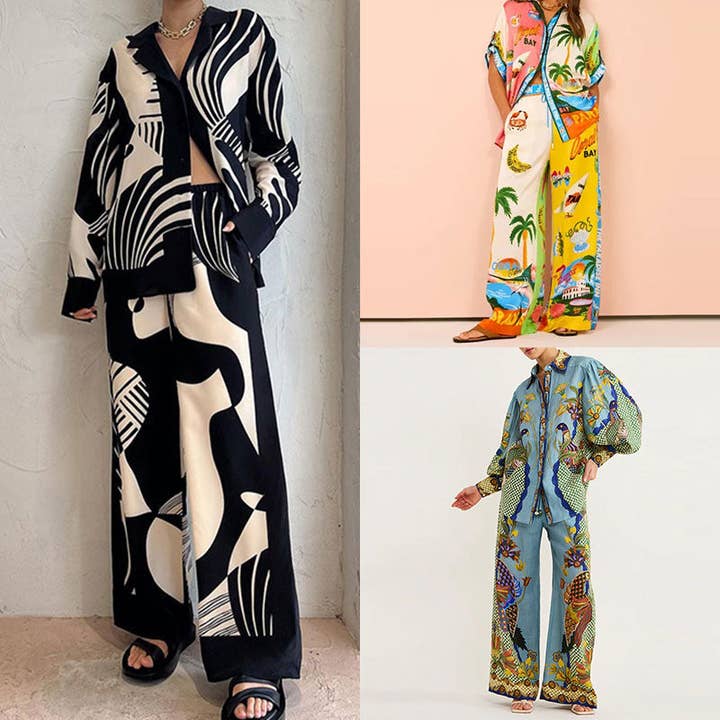 Conjunto chic de camisa de manga larga y pantalones con estampado floral para venta al por mayor de Halcyon Outfitters®