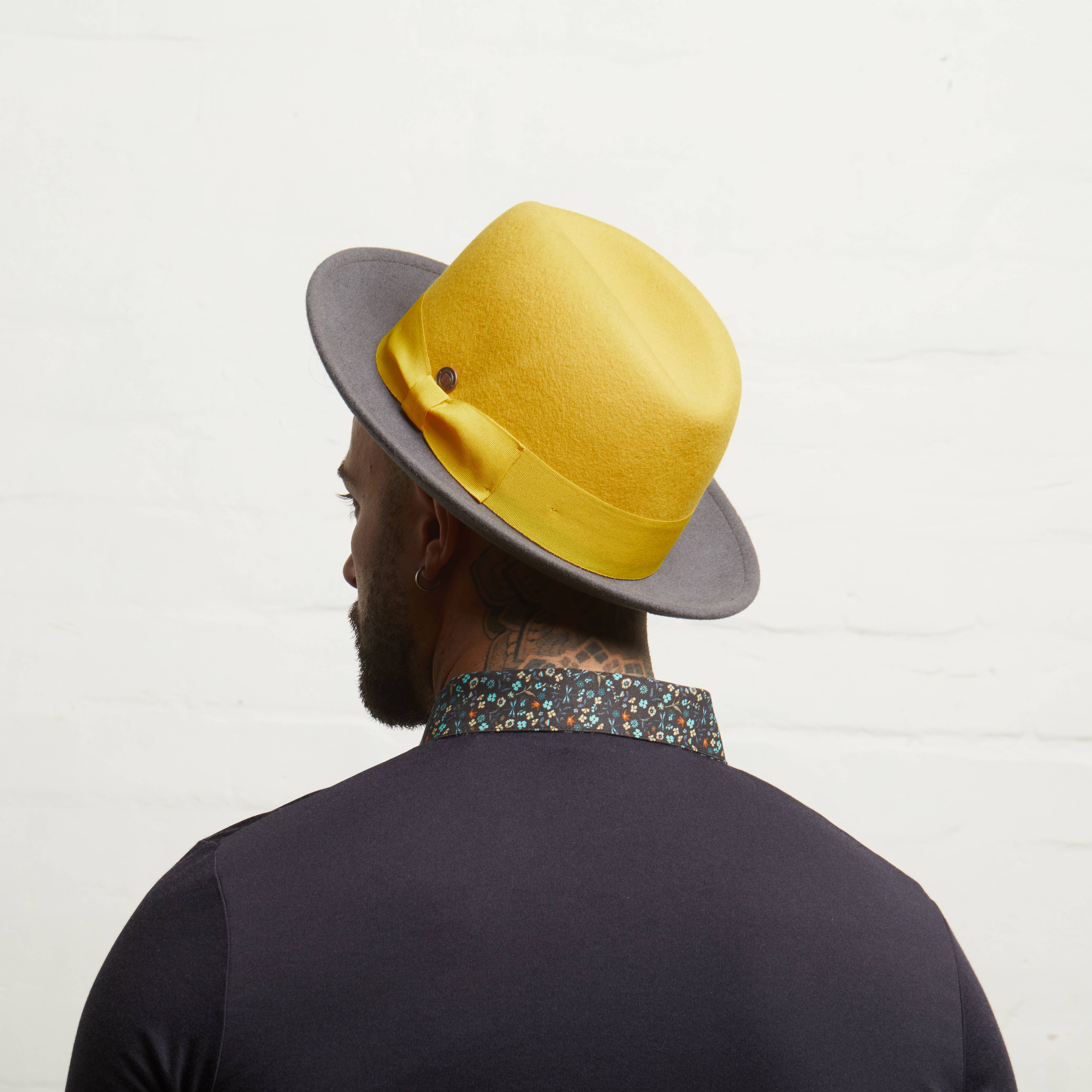 Dasmarca Hats - Wholesale Fedora - Men's - GANGSTAR Felt Shapeable Two-Tone Fedora Hat - Yellow / Grey8
