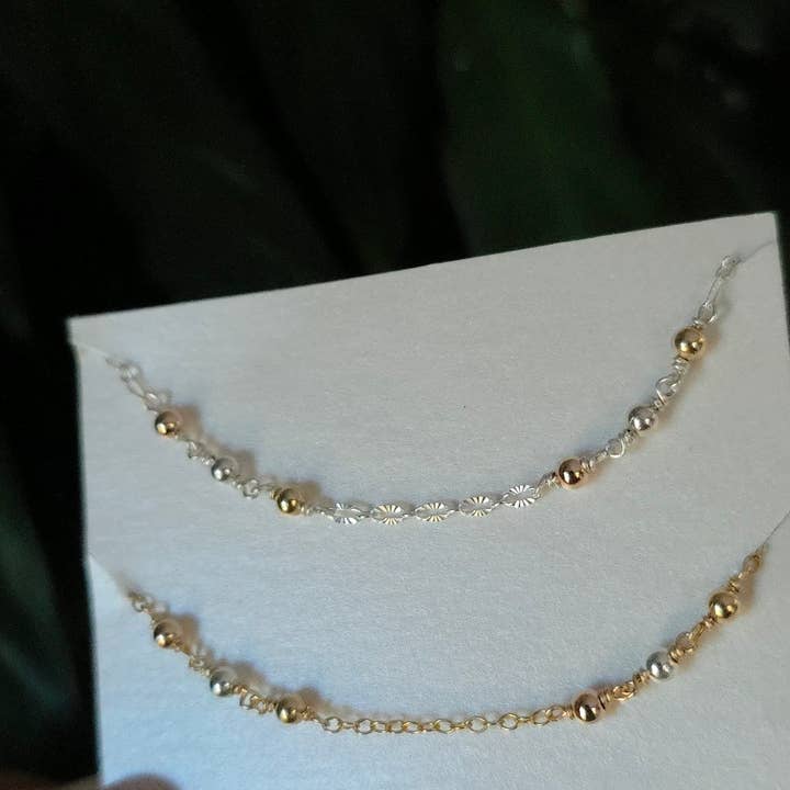 Tri tone mixed metal beaded chain by the foot, GF, RGF &SS for wholesale by Half Moon Jewelry Designs