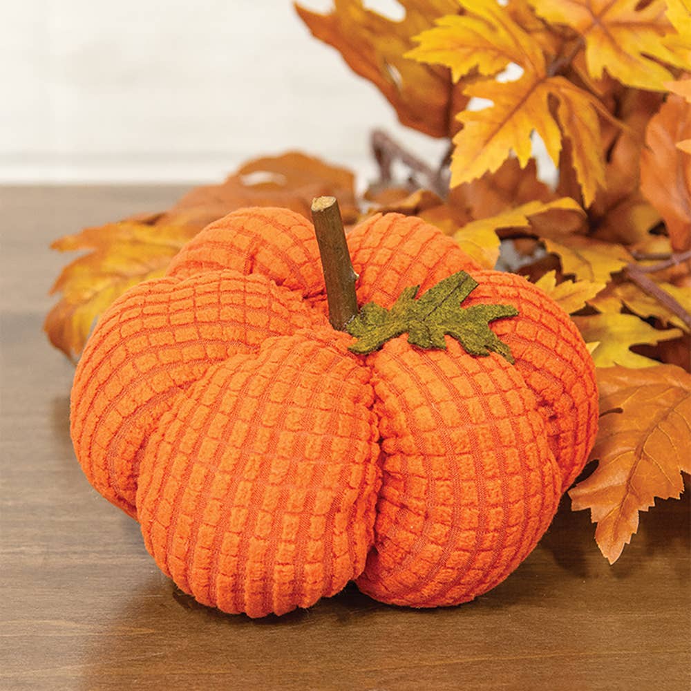 Col House Designs - Wholesale Decorative Tabletop Object - Stuffed Waffle Weave Orange Pumpkin w/Stick Stem, Medium1