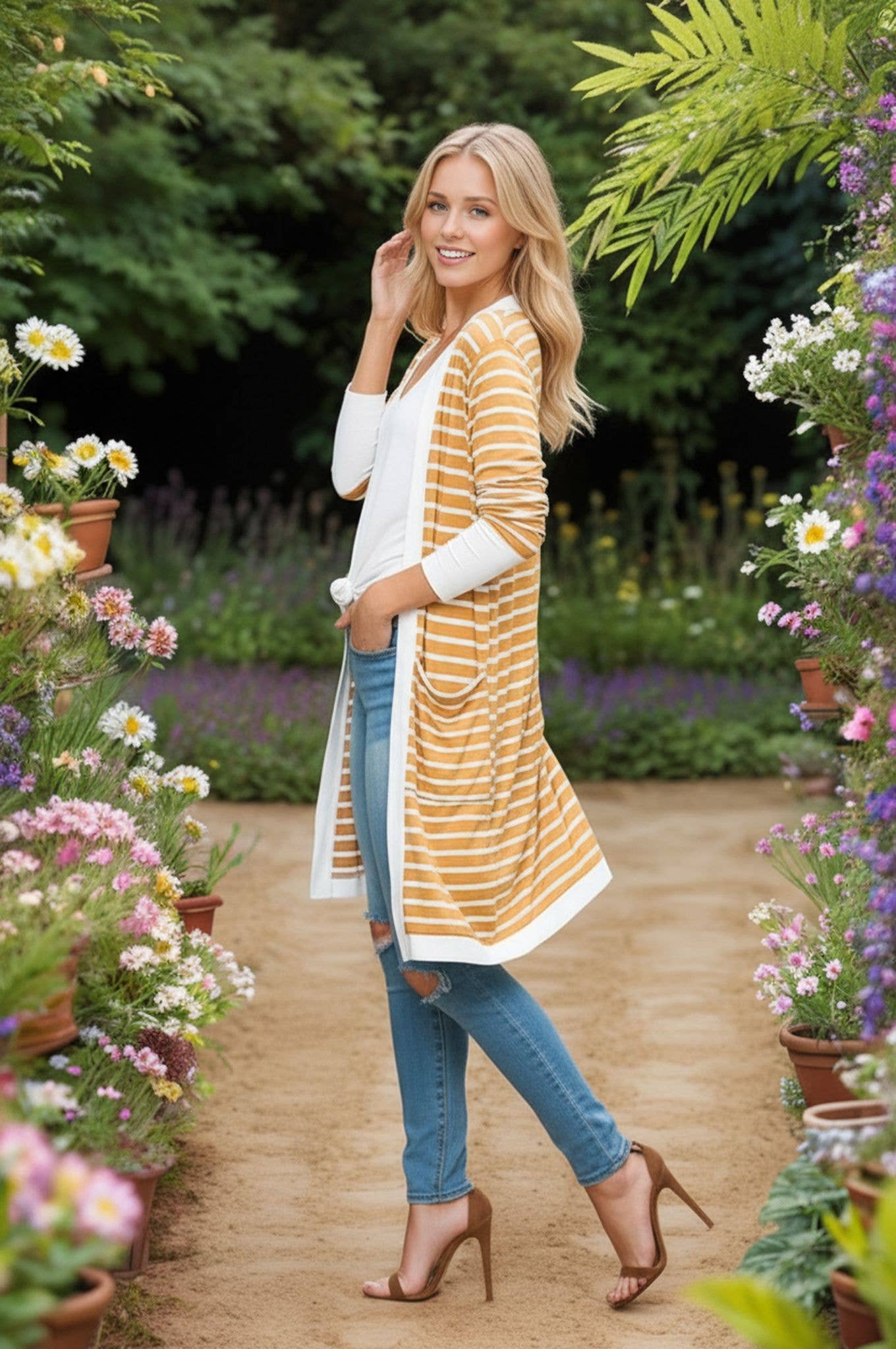 Burgundy Apparel - Wholesale Cardigan - Women's - Stripe Midi Open Cardigan29