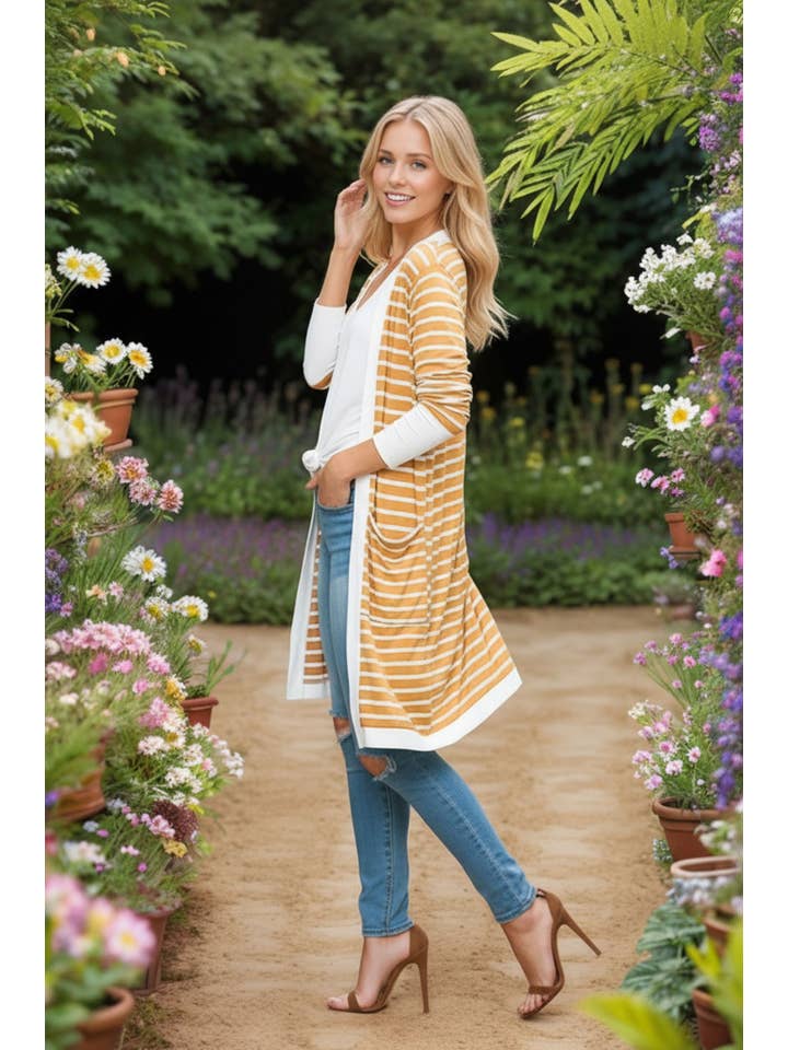 Burgundy Apparel - Wholesale Cardigan - Women's - Stripe Midi Open Cardigan29