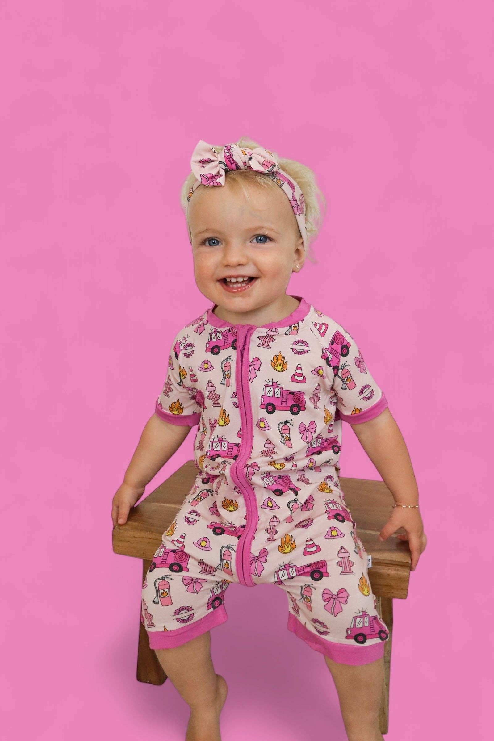 Dream Big Little Co. – wholesale Jumpsuit – Baby – BLAZING BOWS AND HYDRANTS DREAM SHORTIE