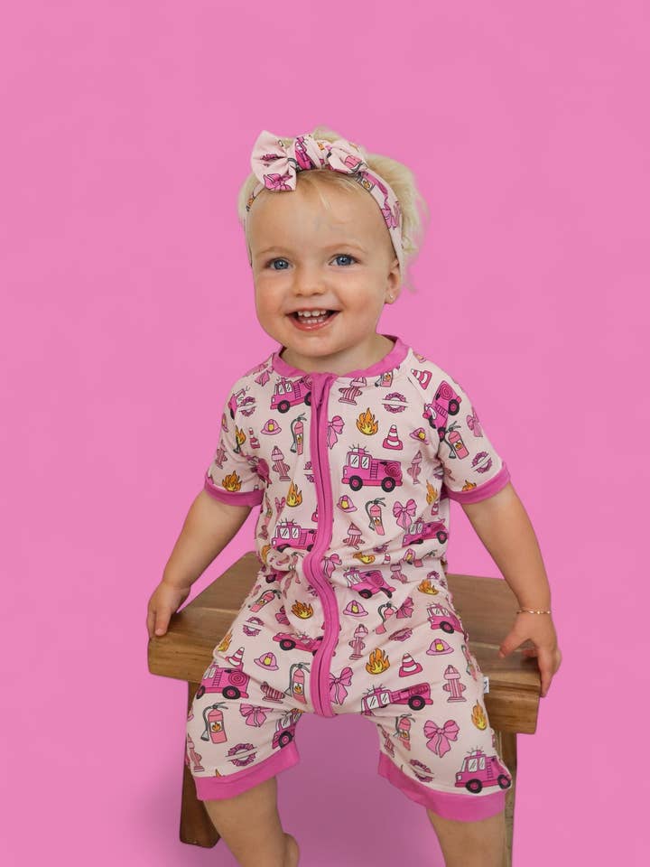 Dream Big Little Co. - Wholesale Jumpsuit - Baby - BLAZING BOWS AND HYDRANTS DREAM SHORTIE