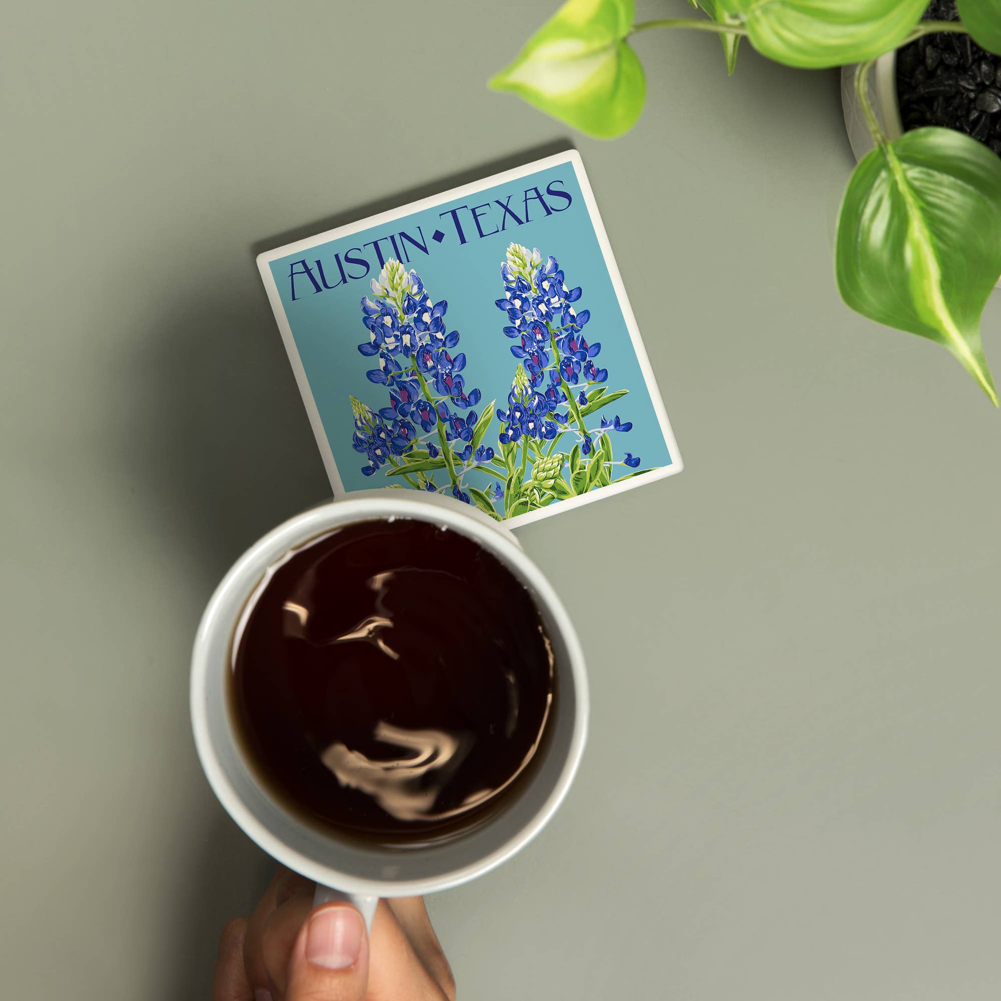 Lantern Press - Wholesale Coasters - CERAMIC COASTER Austin, Texas, Bluebonnet, Letterpress1