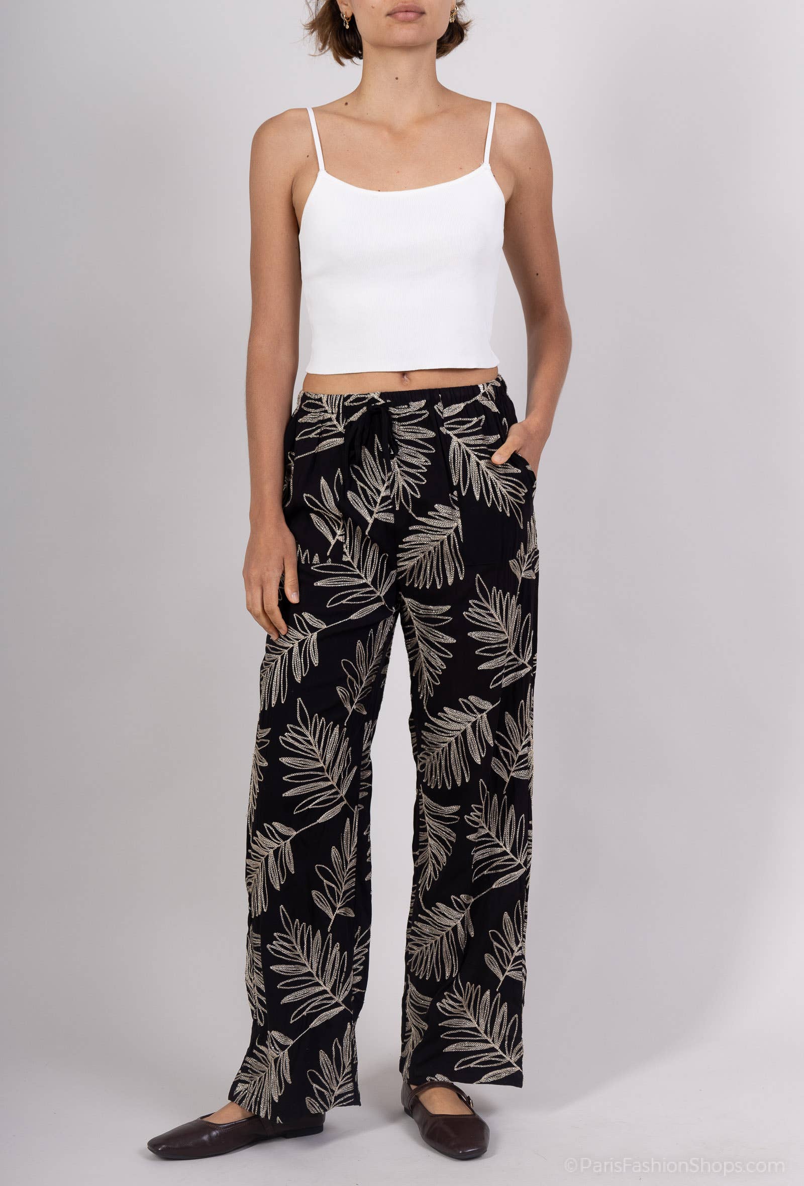 KY CREATION PARIS - Wholesale Pants - Women's - Fluid pants with a golden palm pattern0