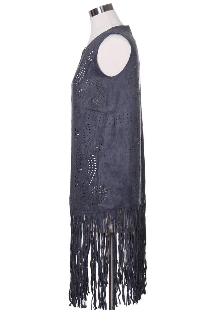 Hana - Venta al por mayor Chaleco de abrigo - Mujer - Chaleco de gamuza cortado con láser con estampado de hojas geométricas9